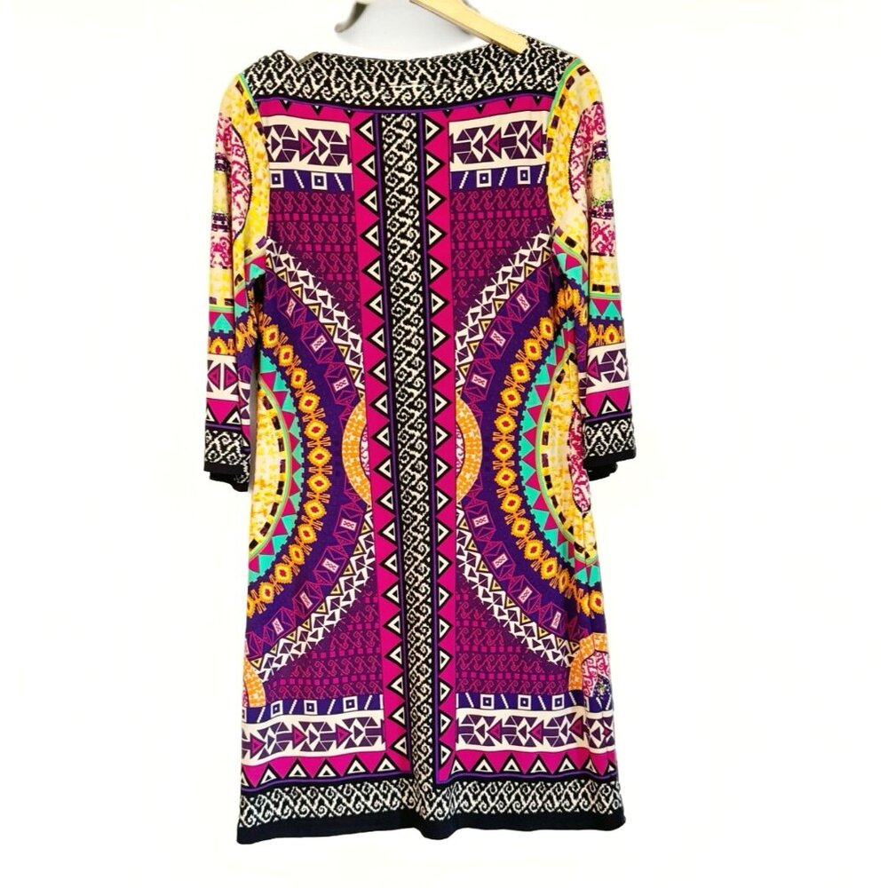 Vintage ICE Geometric Tribal Shift Dress Women’s 8 Multicolor 3/4 Sleeves Boho - Picture 1 of 7